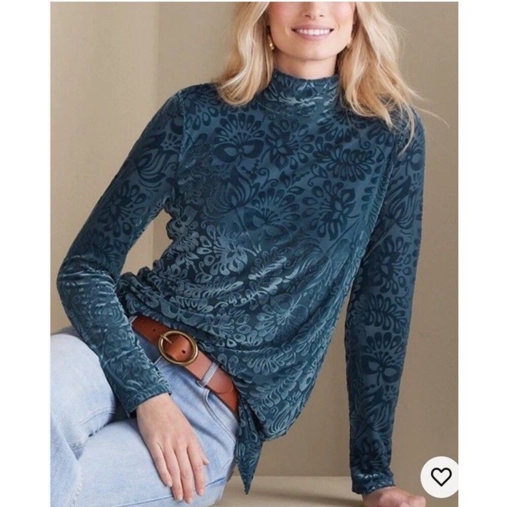 Soft Surroundings Womens Walden Velvet Burnout Turtleneck Teal Blue Top Sz M